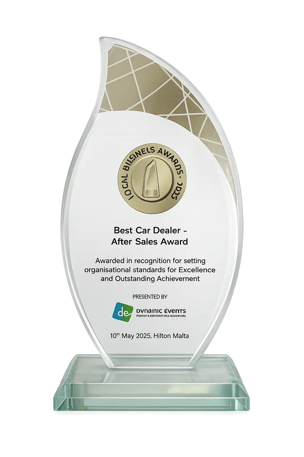 Best Car Dealer – After Sales Award glass trophy, Local Business Awards 2025