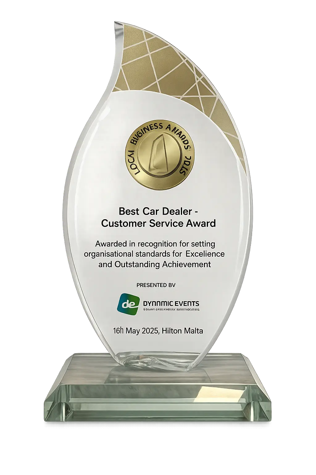 Best Car Dealer – Customer Service Award glass trophy